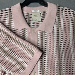 Massive Luxury Crochet Knit Shirt‎ Pink White Brown 7 Button Closure Medium NWT